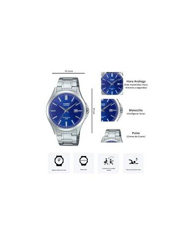 Reloj Casio Para Hombre MTS-115D-2A1 Cristal Zafiro Correa Acero Esfera Azul