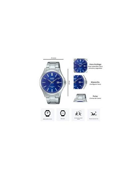 Reloj Casio Para Hombre MTS-115D-2A1 Cristal Zafiro Correa Acero Esfera Azul