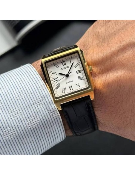 Reloj Casio Para Hombre MTP-B190GL-7B Analógico Caja Dorada Correa Cuero Marrón