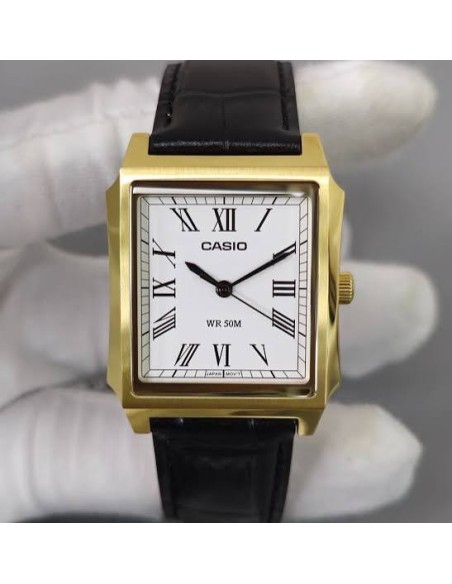 Reloj Casio Para Hombre MTP-B190GL-7B Analógico Caja Dorada Correa Cuero Marrón