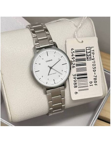 Reloj Casio Para Mujer LTP-VT03D-7B Analógico Correa Acero Plateado Esfera blanca