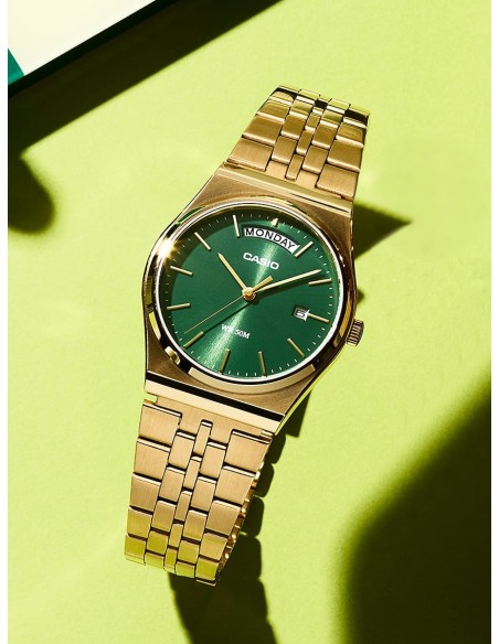 Reloj Casio Para Hombre MTP-B146G-3A Analógico Correa Acero Dorado Esfera Verde