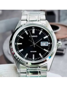 Reloj Casio Para Hombre MTP-B180D-1A1 Analógico Correa Acero Plateado Esfera Negra