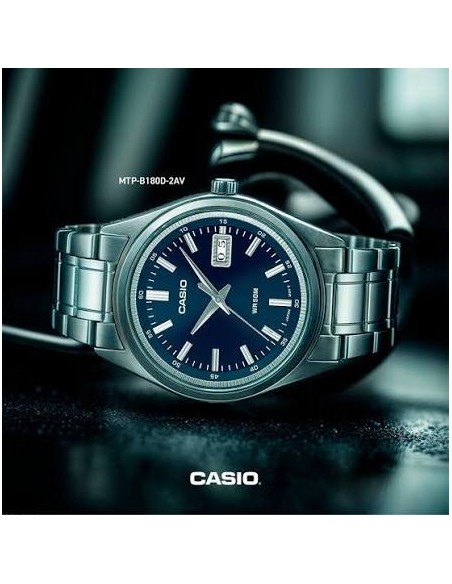 Reloj Casio Para Hombre MTP-B180D-2A Analógico Correa Acero Plateado Esfera azul