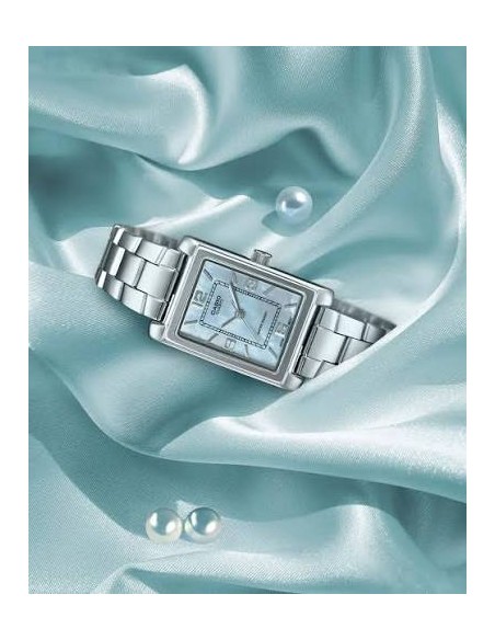 Reloj Casio Para Mujer LTP-1234DS-2A Analógico Rectangular Correa Acero Bitono Esfera Azul