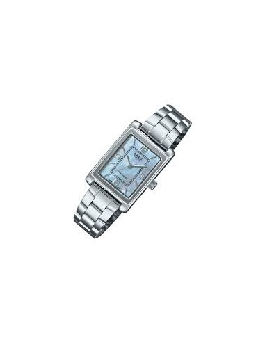 Reloj Casio Para Mujer LTP-1234DS-2A Analógico Rectangular Correa Acero Bitono Esfera Azul