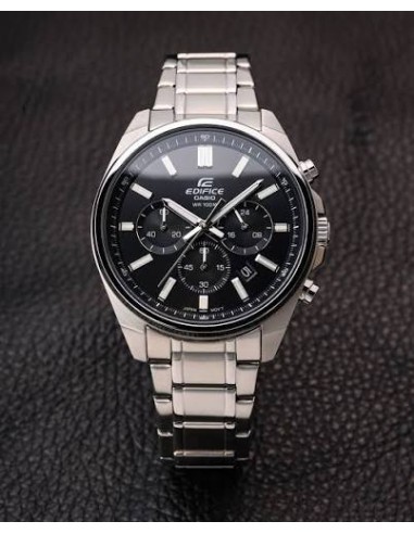 Reloj Casio Edifice Para Hombre EFV-650D-1A Cronógrafo Correa Acero Plateado Esfera Negra 100M