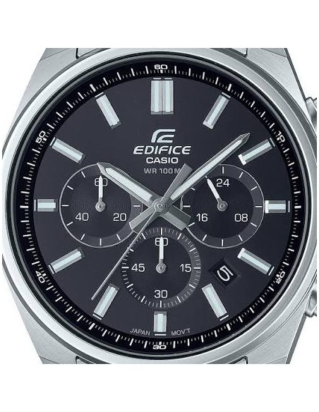 Reloj Casio Edifice Para Hombre EFV-650D-1A Cronógrafo Correa Acero Plateado Esfera Negra 100M