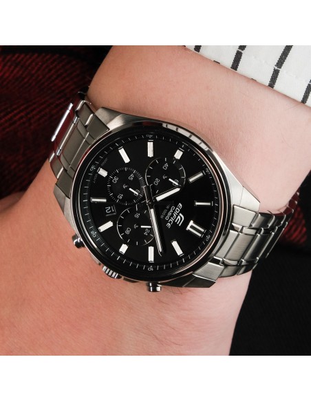 Reloj Casio Edifice Para Hombre EFV-650D-1A Cronógrafo Correa Acero Plateado Esfera Negra 100M