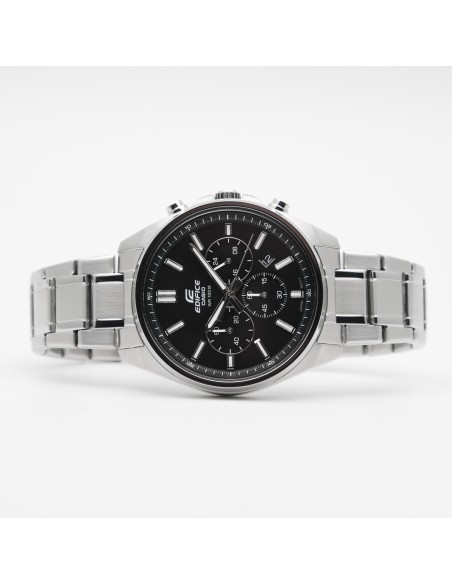 Reloj Casio Edifice Para Hombre EFV-650D-1A Cronógrafo Correa Acero Plateado Esfera Negra 100M