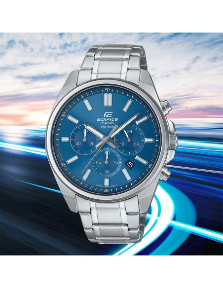 Reloj Casio Edifice Para Hombre EFV-650D-2A Cronógrafo Correa Acero Plateado Esfera Negra 100M