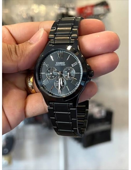 Reloj Casio Para Hombre MTP-V300B-1A Multifuncion Correa y Caja Acero Negro Esfera Negra