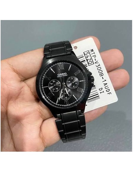 Reloj Casio Para Hombre MTP-V300B-1A Multifuncion Correa y Caja Acero Negro Esfera Negra