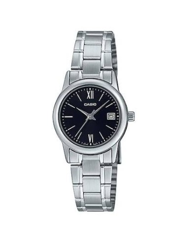 Reloj Casio Para Mujer LTP-V002D-1B3 Analógico Correa Acero Esfera Negra Números Arábigos Fecha