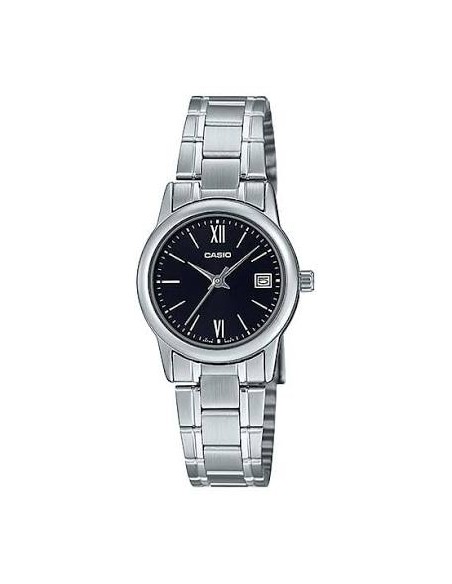 Reloj Casio Para Mujer LTP-V002D-1B3 Analógico Correa Acero Esfera Negra Números Arábigos Fecha