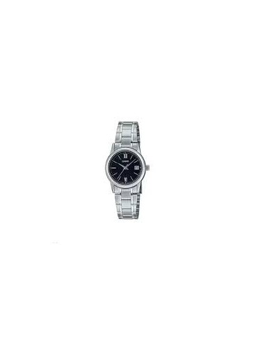 Reloj Casio Para Mujer LTP-V002D-1B3 Analógico Correa Acero Esfera Negra Números Arábigos Fecha