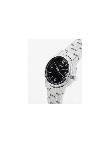 Reloj Casio Para Mujer LTP-V002D-1B3 Analógico Correa Acero Esfera Negra Números Arábigos Fecha