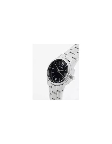 Reloj Casio Para Mujer LTP-V002D-1B3 Analógico Correa Acero Esfera Negra Números Arábigos Fecha