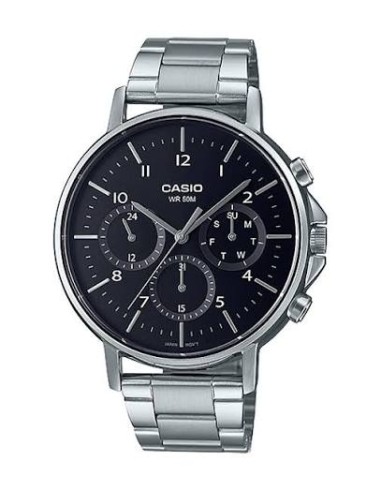 Reloj Casio Para Hombre MTP-E321D-1A Multifuncion Correa y Caja Acero Esfera Negra 50M