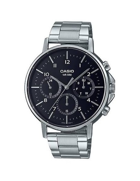 Reloj Casio Para Hombre MTP-E321D-1A Multifuncion Correa y Caja Acero Esfera Negra 50M