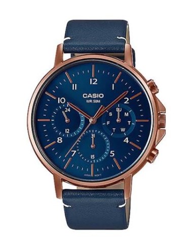 Reloj Casio Para Hombre MTP-E321RL-2A Multifuncion Caja Oro Rosa Esfera Azul Correa Piel
