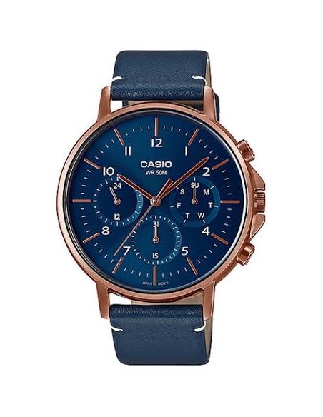 Reloj Casio Para Hombre MTP-E321RL-2A Multifuncion Caja Oro Rosa Esfera Azul Correa Piel