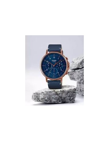 Reloj Casio Para Hombre MTP-E321RL-2A Multifuncion Caja Oro Rosa Esfera Azul Correa Piel