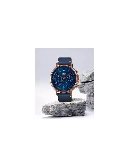 Reloj Casio Para Hombre MTP-E321RL-2A Multifuncion Caja Oro Rosa Esfera Azul Correa Piel