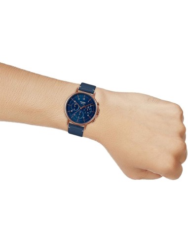Reloj Casio Para Hombre MTP-E321RL-2A Multifuncion Caja Oro Rosa Esfera Azul Correa Piel