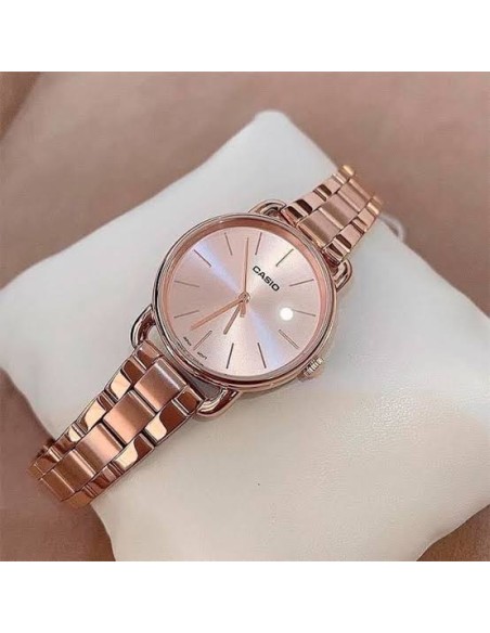 Reloj Casio Para Mujer LTP-E412PG-4A Analógico Malla Milanesa Acero Oro Rosa Esfera Rosa