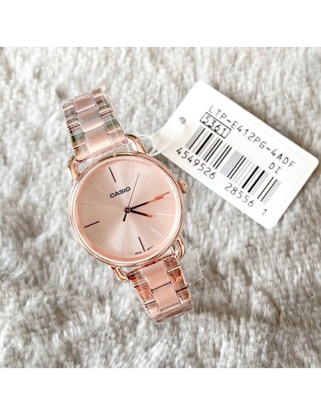 Reloj Casio Para Mujer LTP-E412PG-4A Analógico Malla Milanesa Acero Oro Rosa Esfera Rosa