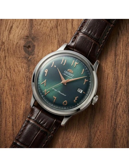 reloj automático hombre Orient Bambino Arabic Dial "Oasis Teal" RA-AC0035E 40.5m correa de cuero cal. F6724
