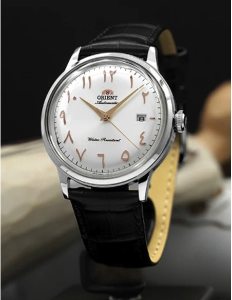reloj automático hombre Orient Bambino Arabic Dial Silver Dallah RA-AC0038S 40.5mm correa de cuero Cal. F6724