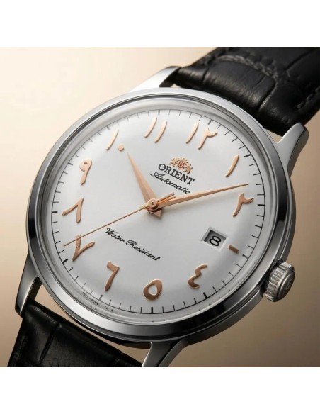 reloj automático hombre Orient Bambino Arabic Dial Silver Dallah RA-AC0038S 40.5mm correa de cuero Cal. F6724