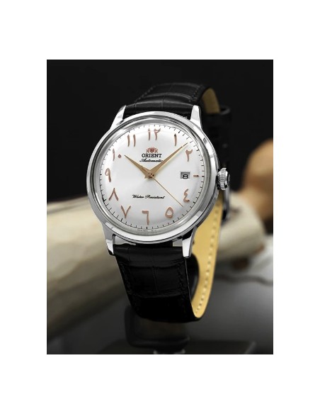 reloj automático hombre Orient Bambino Arabic Dial Silver Dallah RA-AC0038S 40.5mm correa de cuero Cal. F6724
