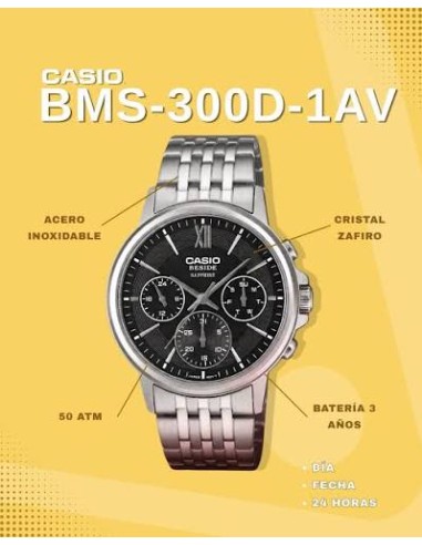 Casio BMS-300D-1A – Reloj Hombre Analógico de Acero Inoxidable Plateado