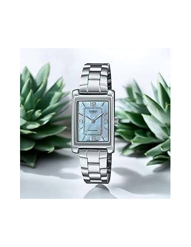Reloj Casio Para Mujer LTP-1234DS-2A Analógico Rectangular Correa Acero Bitono Esfera Azul
