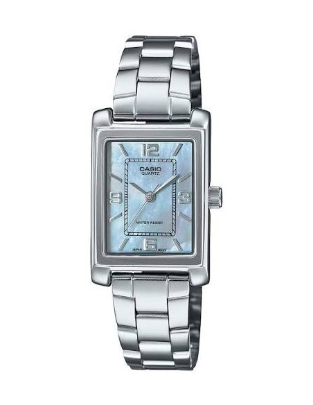 Reloj Casio Para Mujer LTP-1234DS-2A Analógico Rectangular Correa Acero Bitono Esfera Azul