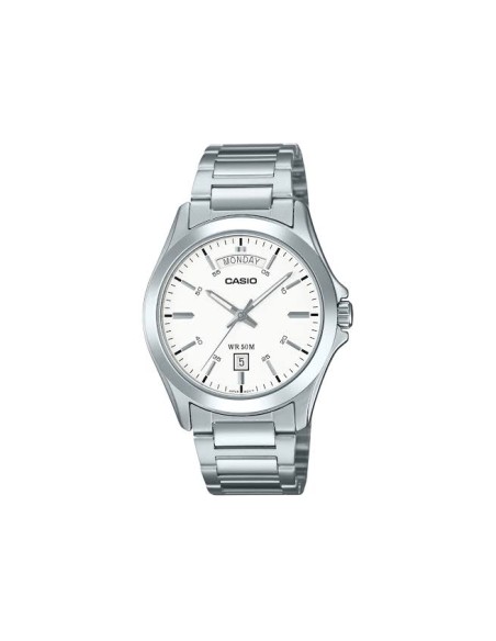 Reloj Casio Para Hombre MTP-1370D-7A3 Analógico Correa Acero Plateado Esfera blanca