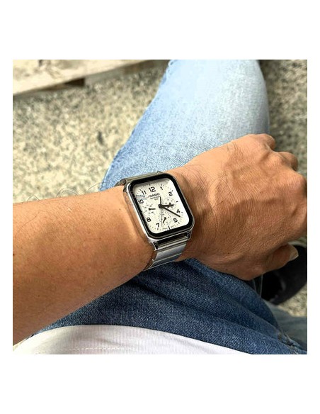 Reloj Casio Para Hombre MTP-M306D-7A Fase Lunar Correa Acero Plateado Esfera blanca