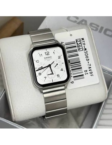 Reloj Casio Para Hombre MTP-M306D-7A Fase Lunar Correa Acero Plateado Esfera blanca