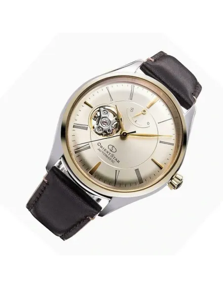 reloj automático hombre Orient Star RE-AT0201G Semi Skeleton dial champagne 40.4mm correa de cuero 50h Reserva de Marcha