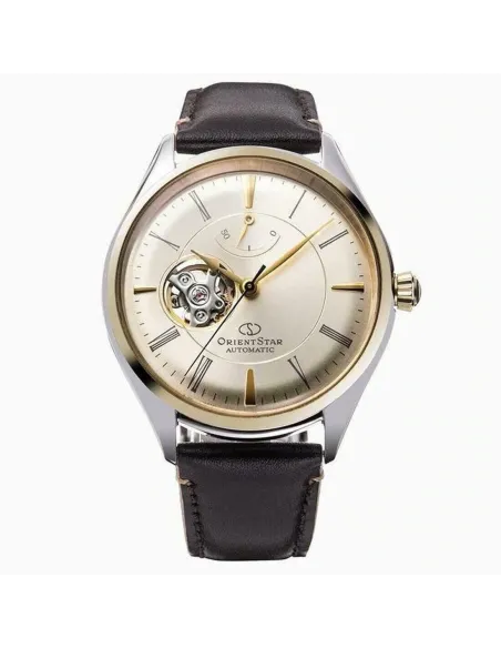 reloj automático hombre Orient Star RE-AT0201G Semi Skeleton dial champagne 40.4mm correa de cuero 50h Reserva de Marcha
