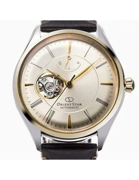 reloj automático hombre Orient Star RE-AT0201G Semi Skeleton dial champagne 40.4mm correa de cuero 50h Reserva de Marcha