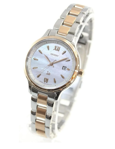 solar mujer Orient Women's iO NATURAL&PLAIN White Mother-of-Pearl Dial Solar Powered Metal Band RN-WG0415A