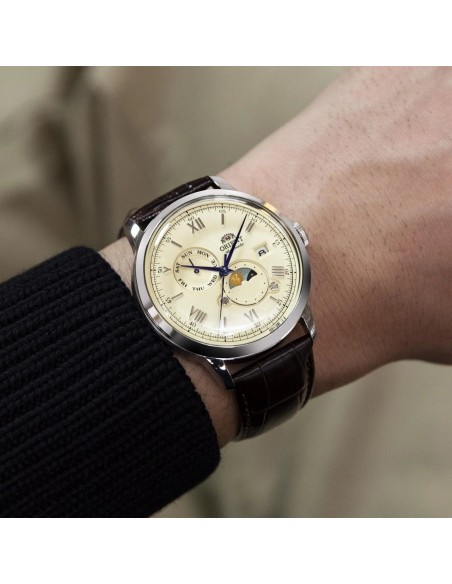 automático hombre Orient Bambino “Suna no Hi to Tsuki” (砂の日と月”Sand Sun & Moon” RN-AK0803Y  JDM